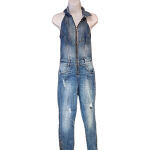 Guess Sz 2 Denim Zip Up Halter Skinny Leg Coveralls With Zippers On Ankles